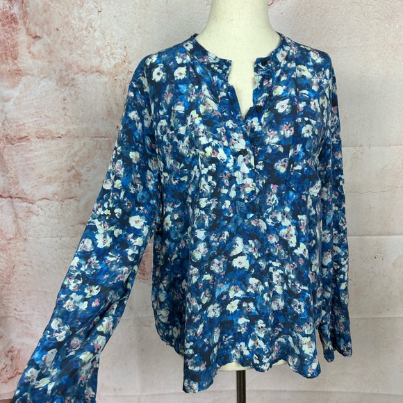 REBECCA TAYLOR romantic painterly floral silk top size 12 blue watercolor shirt - Picture 1 of 4